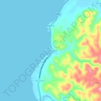 Mapa topográfico Bagasawe, altitud, relieve