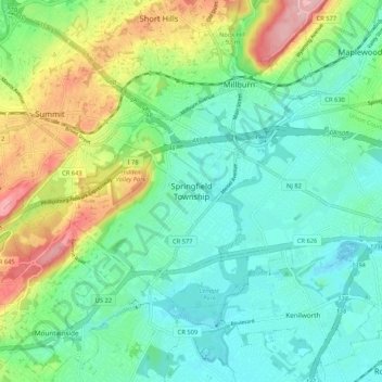 Mapa topográfico Springfield Township, altitud, relieve