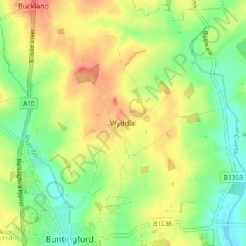 Mapa topográfico Wyddial, altitud, relieve