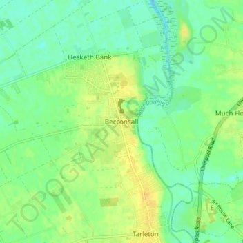 Mapa topográfico Becconsall, altitud, relieve