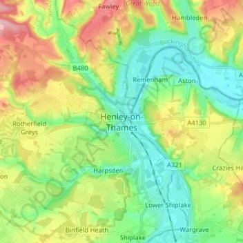Mapa topográfico Henley-on-Thames, altitud, relieve
