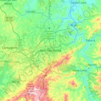 Mapa topográfico Belo Horizonte, altitud, relieve