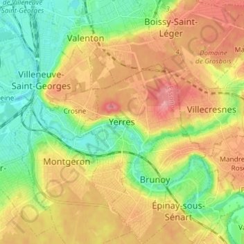 Mapa topográfico Yerres, altitud, relieve