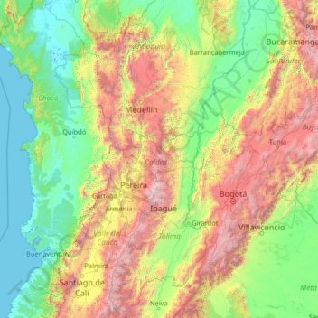 Mapa topográfico Caldas, altitud, relieve