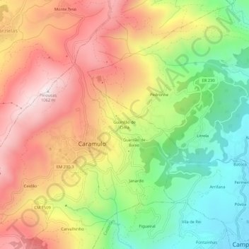 Mapa topográfico Guardão de Cima, altitud, relieve
