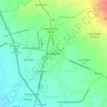 Mapa topográfico Binalonan, altitud, relieve