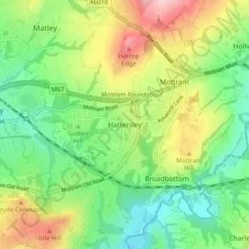 Mapa topográfico Hattersley, altitud, relieve