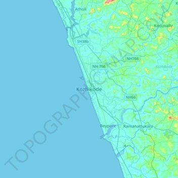 Mapa topográfico Kozhikode, altitud, relieve