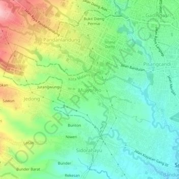 Mapa topográfico Mulyorejo, altitud, relieve