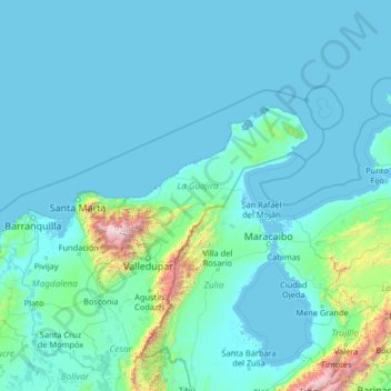 Mapa topográfico La Guajira, altitud, relieve