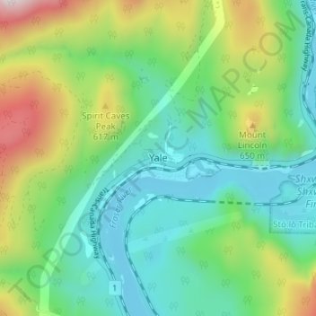 Mapa topográfico Yale, altitud, relieve