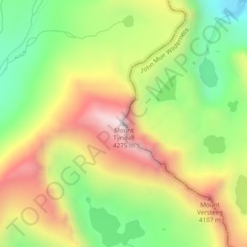 Mapa topográfico Mount Tyndall, altitud, relieve