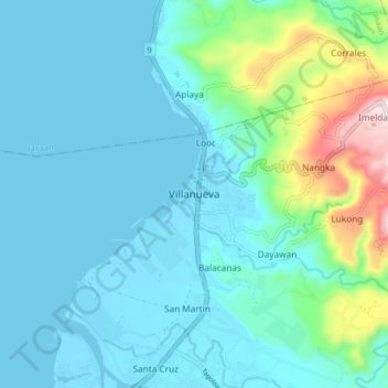 Mapa topográfico Villanueva, altitud, relieve