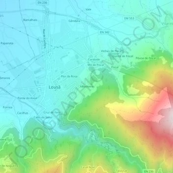 Mapa topográfico Alfocheira, altitud, relieve