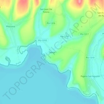 Mapa topográfico Tapoje, altitud, relieve