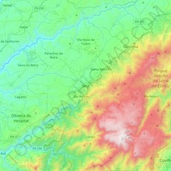 Mapa topográfico Seia, altitud, relieve