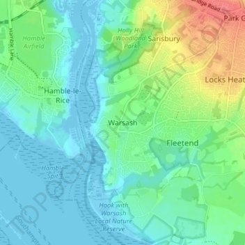 Mapa topográfico Warsash, altitud, relieve