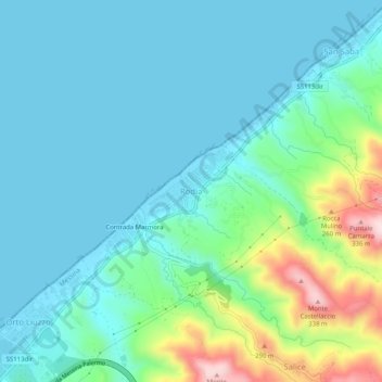 Mapa topográfico Rodia, altitud, relieve