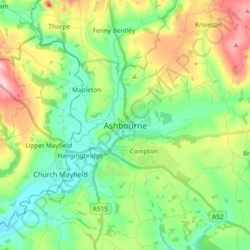 Mapa topográfico Ashbourne, altitud, relieve