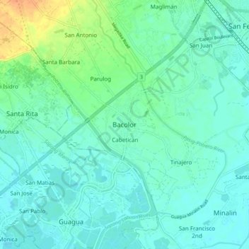 Mapa topográfico Bacolor, altitud, relieve