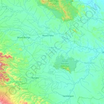 Mapa topográfico Tabir Timur, altitud, relieve