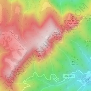 Mapa topográfico Puigsacalm, altitud, relieve