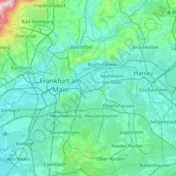 Mapa topográfico Offenbach am Main, altitud, relieve