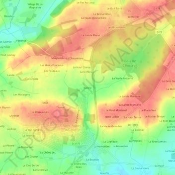 Mapa topográfico Gatine, altitud, relieve