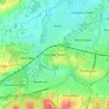 Mapa topográfico Gossops Green, altitud, relieve