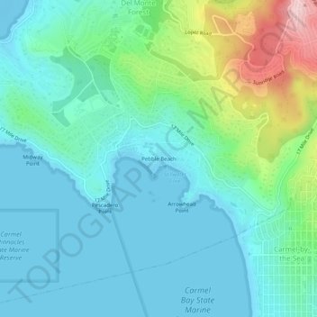 Mapa topográfico Pebble Beach, altitud, relieve
