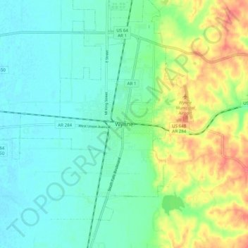 Mapa topográfico Wynne, altitud, relieve