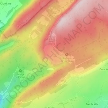 Mapa topográfico Les Arboux, altitud, relieve