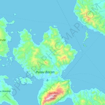 Mapa topográfico Pulau Bacan, altitud, relieve