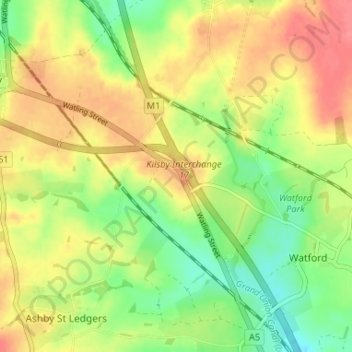 Mapa topográfico Watford Gap, altitud, relieve