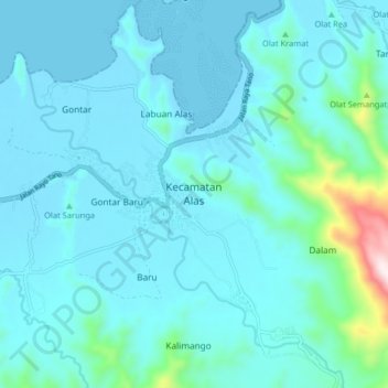 Mapa topográfico Kecamatan Alas, altitud, relieve