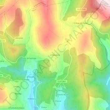 Mapa topográfico A Muxueira, altitud, relieve