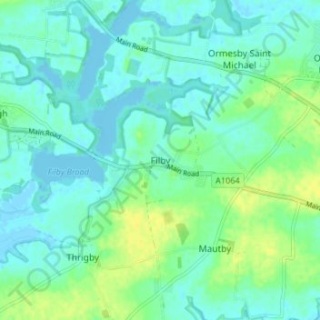 Mapa topográfico Filby, altitud, relieve