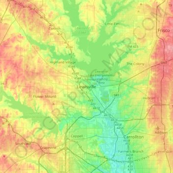 Mapa topográfico Lewisville, altitud, relieve