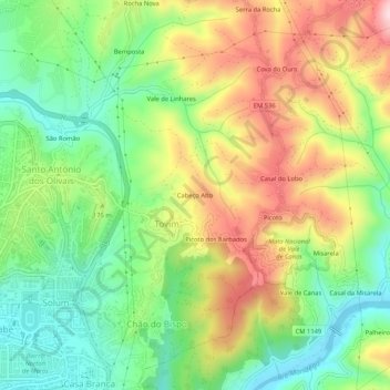 Mapa topográfico Cabeço Alto, altitud, relieve