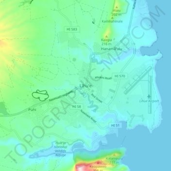 Mapa topográfico Līhuʻe, altitud, relieve