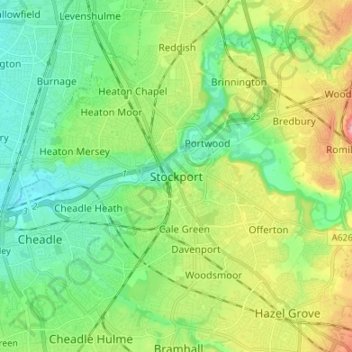 Mapa topográfico Stockport, altitud, relieve