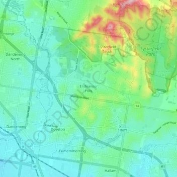 Mapa topográfico Endeavour Hills, altitud, relieve