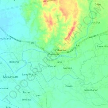 Mapa topográfico Manaoag, altitud, relieve