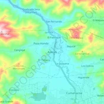 Mapa topográfico Arenas, altitud, relieve