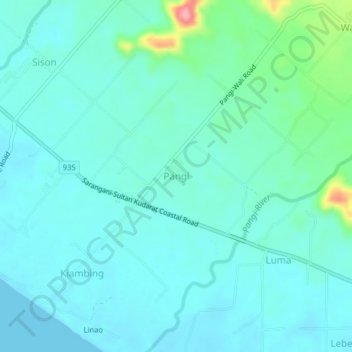 Mapa topográfico Pangi, altitud, relieve
