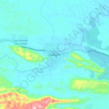 Mapa topográfico Raxruhá, altitud, relieve
