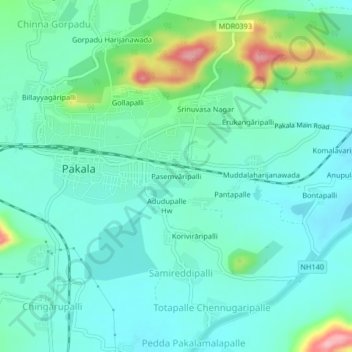 Mapa topográfico Pasemvāripalli, altitud, relieve