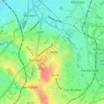 Mapa topográfico St Helier, altitud, relieve