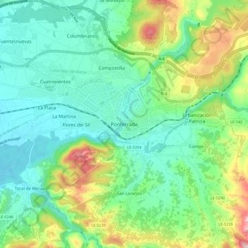 Mapa topográfico Ponferrada, altitud, relieve