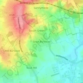 Mapa topográfico Great Burstead, altitud, relieve